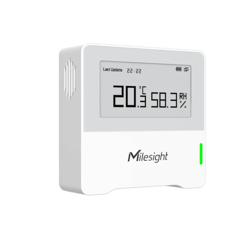 Milesight AM102 - Indoor Ambience Sensor (2 in 1) – angled front view with display and vent