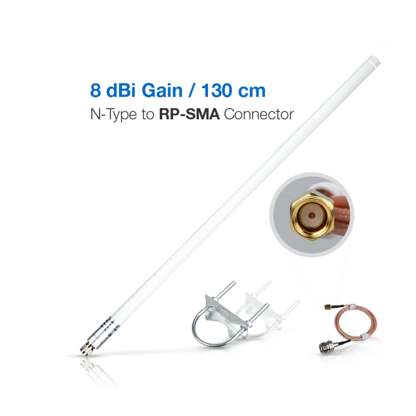 RAK Fiberglass Antenna 8dBi / 858-878 MHz – N-Type to RP-SMA – long antenna, brackets, rp-sma pigtail